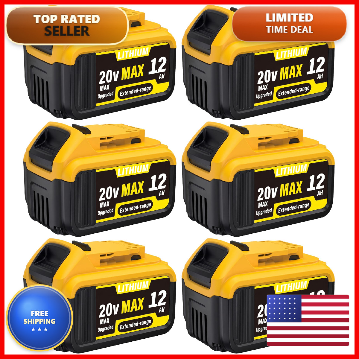 Qqf 6 Packs 12000Mah Extended Runtime Lithium Battery Replacement For Dewalt
