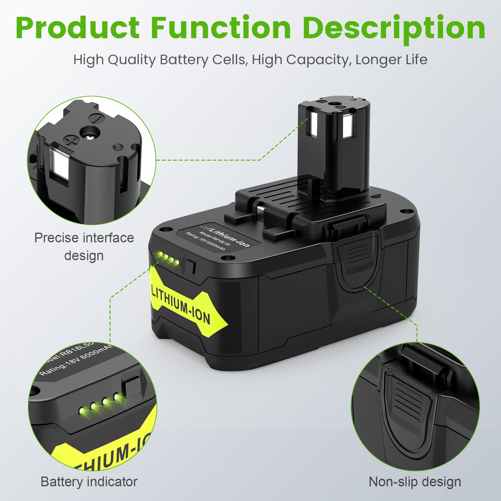 Labtec 1-Pack 18V 6.0Ah Rb18L50 Replacement For Ryobi 18 Volt Dual-Chemistry
