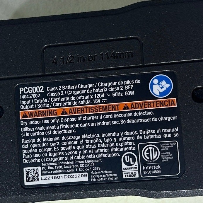 Ryobi PCG002 ONE+ 18V Lithium-Ion Battery Charger Hyper Green Class 2 BFP