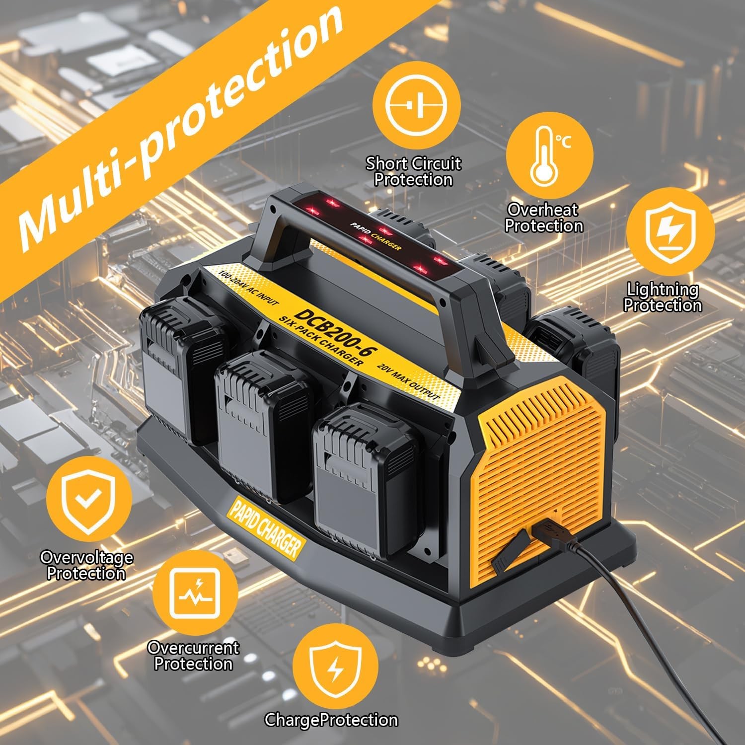 Ultra Fast 6-Port Simultaneous Battery Charger for Dewalt 20V Max Li-Ion Battery