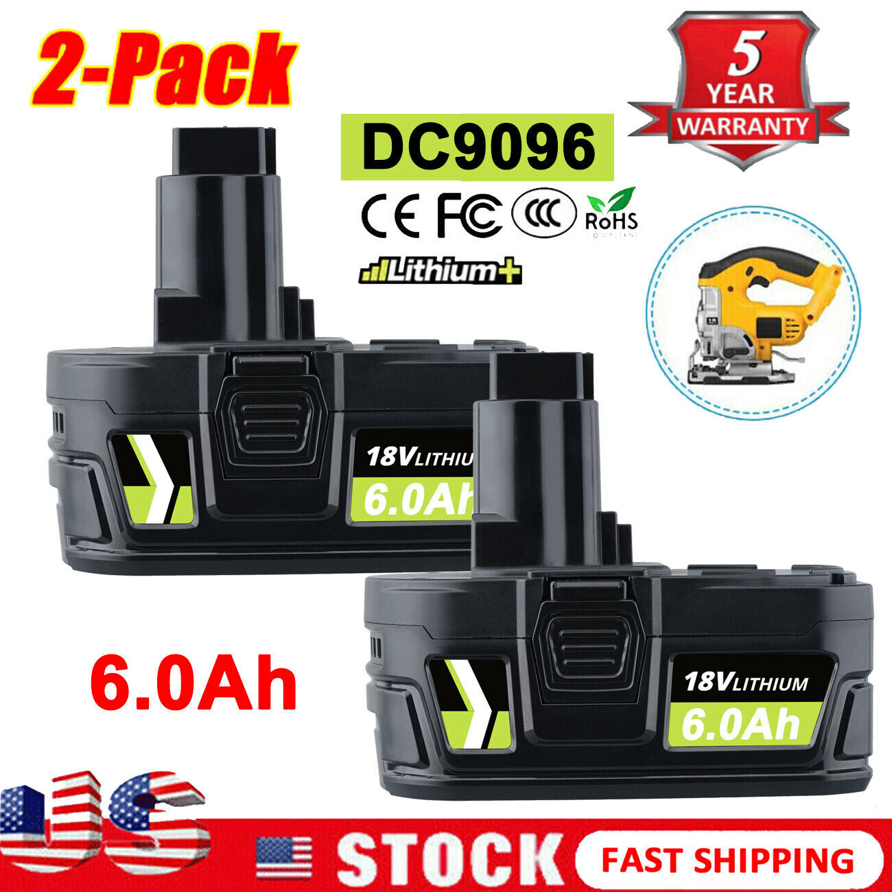 2Pack 18V 18 Volt for Dewalt Battery / Charger DC9096-2 DC9098 DC9099 DC9096