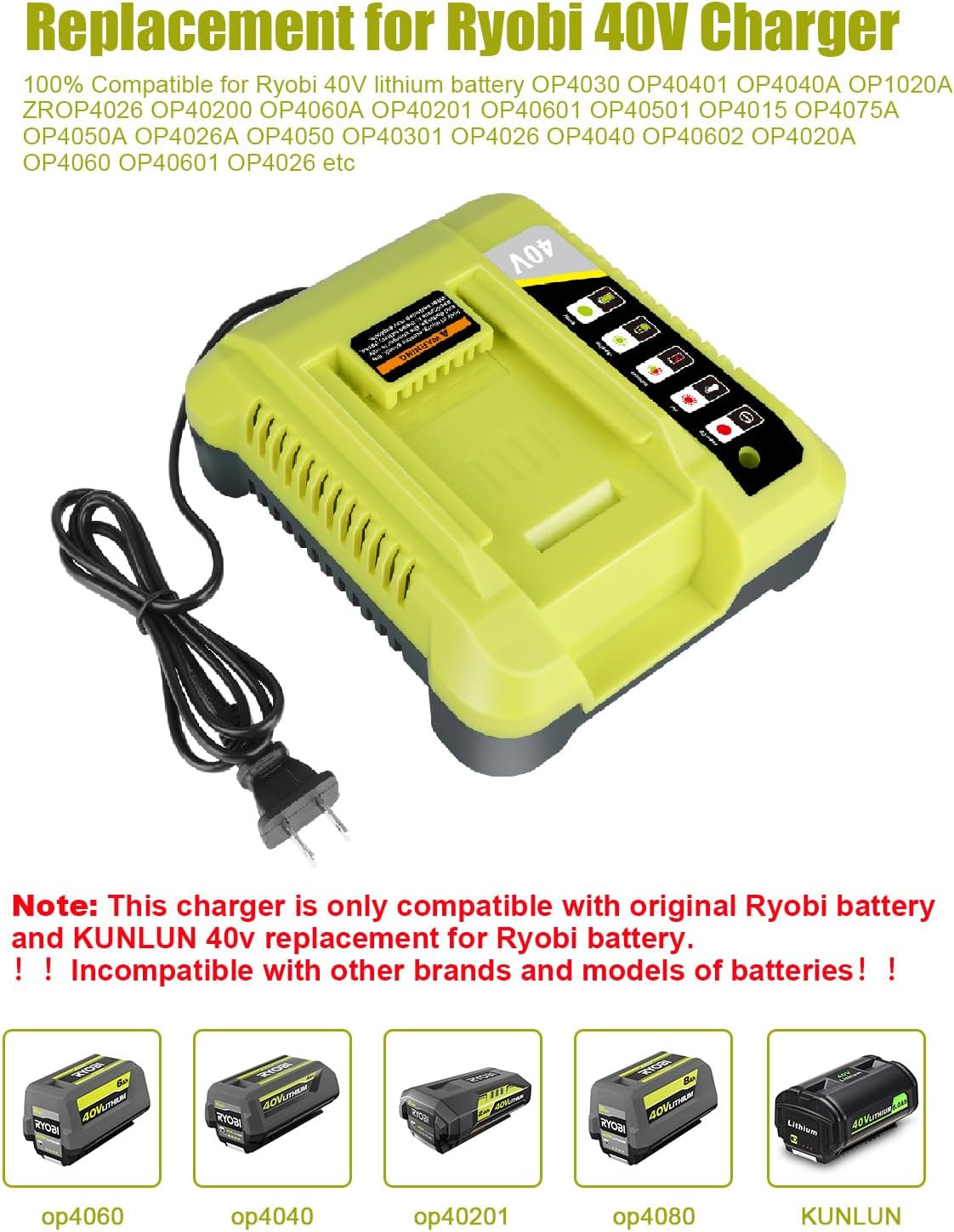KUNLUN OP401 40-Volt Battery Lithium-Ion Charger for Ryobi 40V OP4050A OP4026 OP