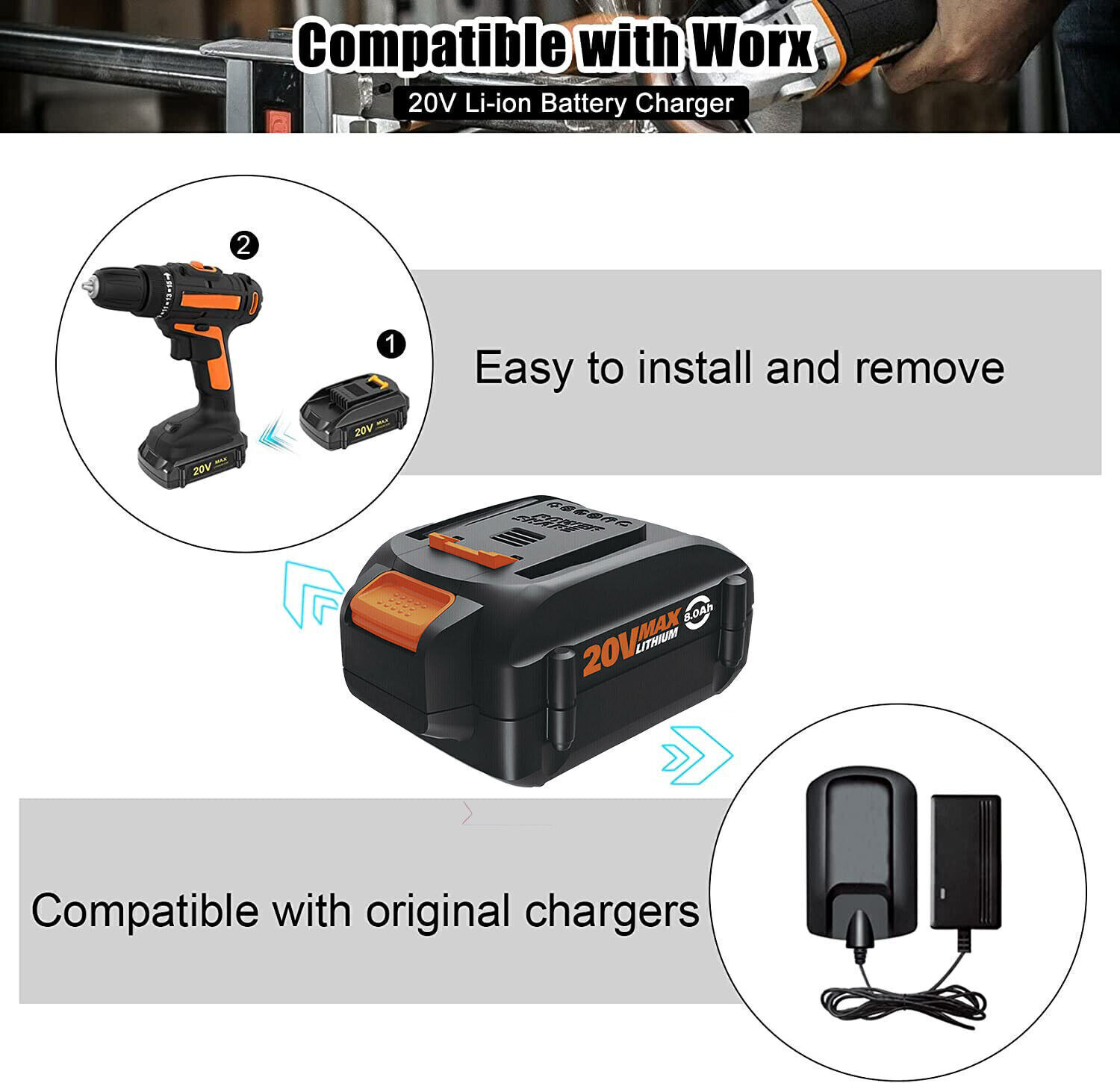 20V 8.0AH MAX Extend Lithium For WORX Battery 20Volt WA3520 WA3525 WA3575 WG155