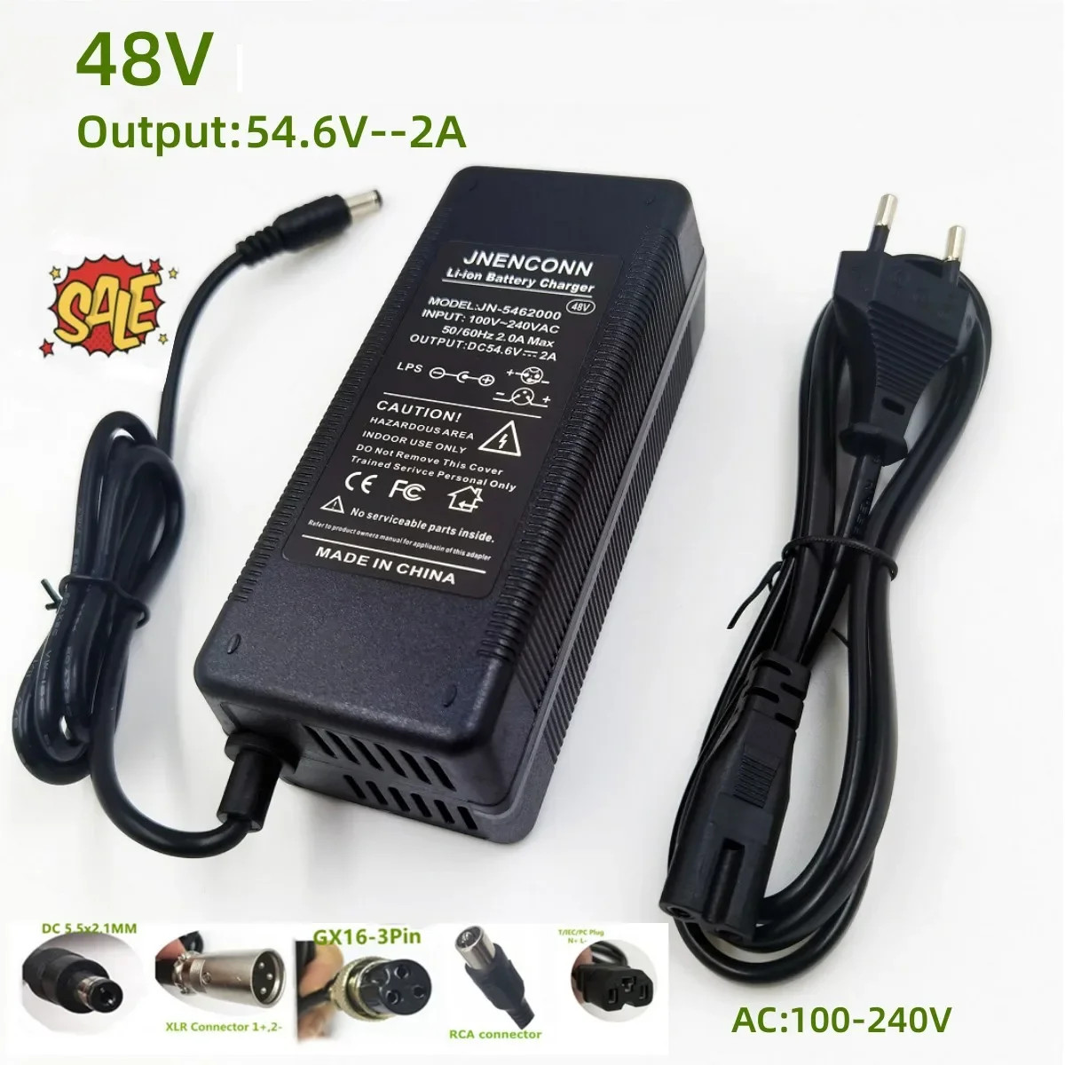 54.6V 2A Lithium Battery Charger for 48V 13S Li-ion Battery Packs