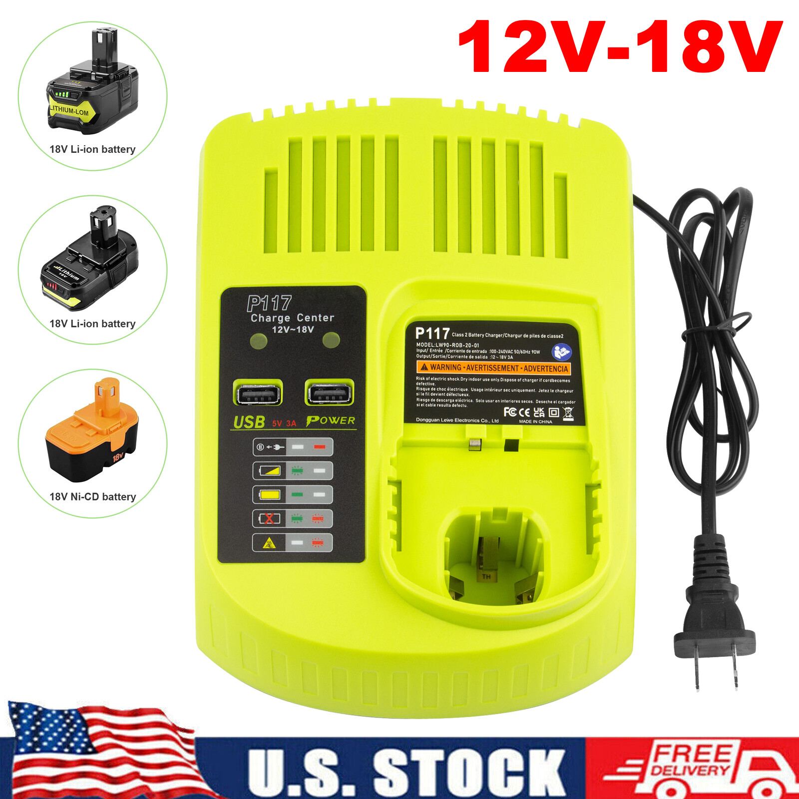 P117 Rapid Battery Charger For Ryobi 12V-18V ONE Plus P108 Li-ion Battery US