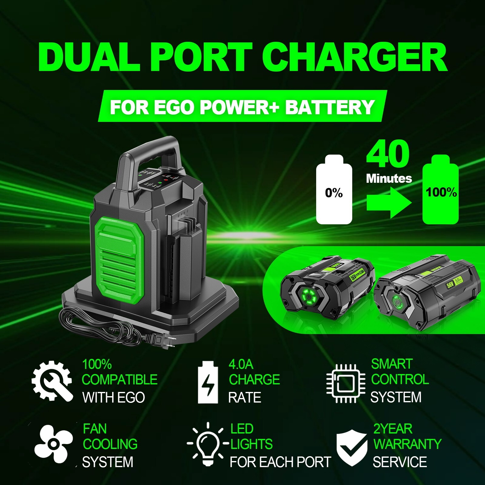 Fast Dual Port Charger CH2800D For EGO 56V Battery BA2800T BA4200T BA1400 BA3360
