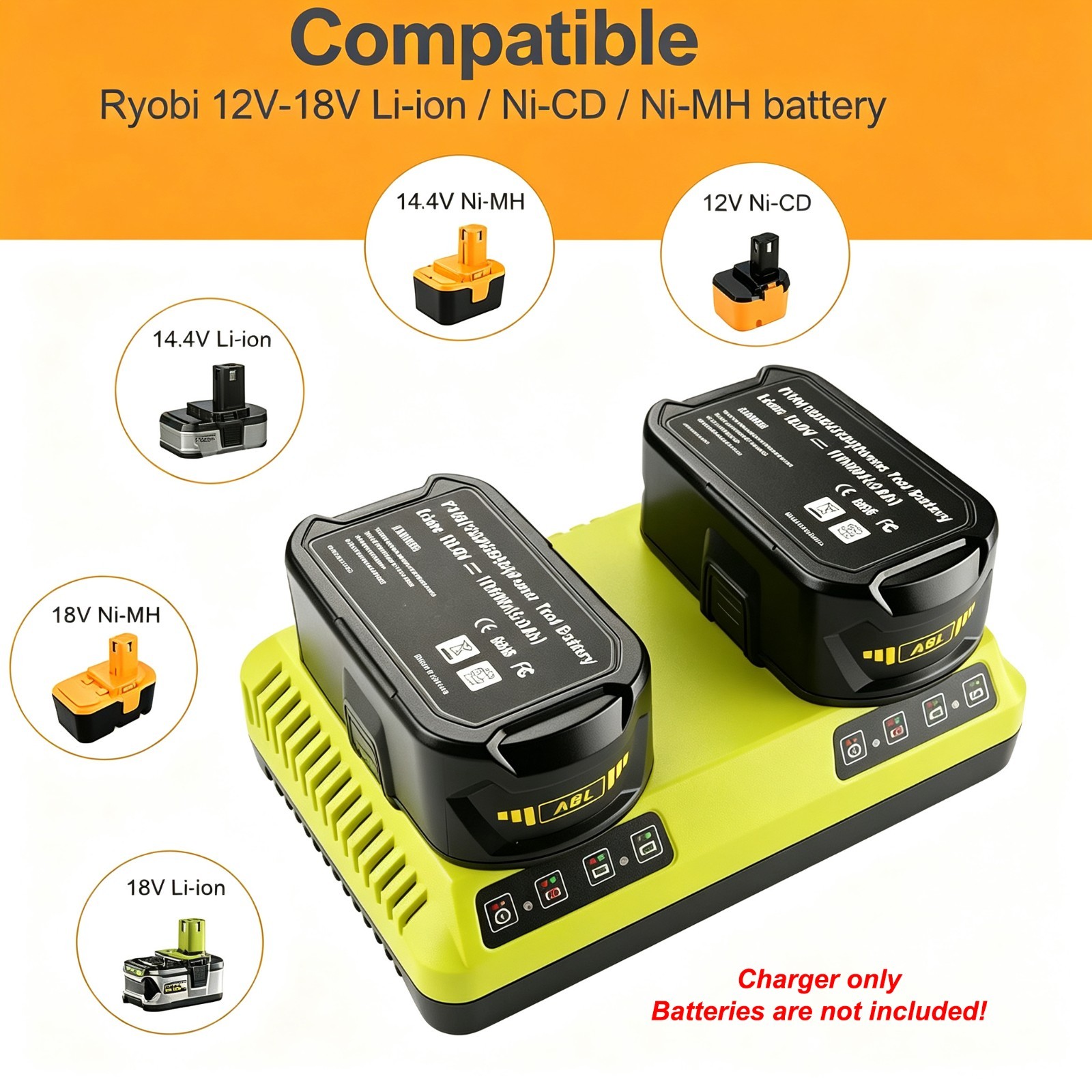 6A Dual Port Fast Charger Compatible with Ryobi 18V P117 P118 PCG005 ONE+